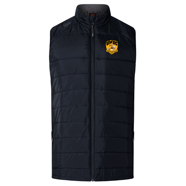 The University of Maryland Baltimore County Rugby Women's Elite Microlite Gilet by EMB Canterbury is a navy blue puffer vest featuring insulated baffles for warmth and a UMBC logo on the chest, offering both style and function for any fan.