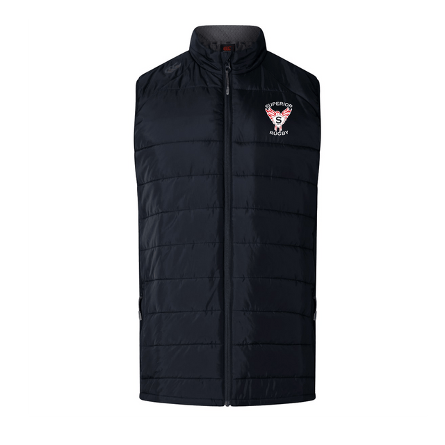 The Superior Rugby Club Elite Microlite Gilet by EMB Canterbury is a black quilted insulated sports vest with a front zipper and "SUPERIOR RUGBY" logo on the left chest, designed for comfort and warmth.