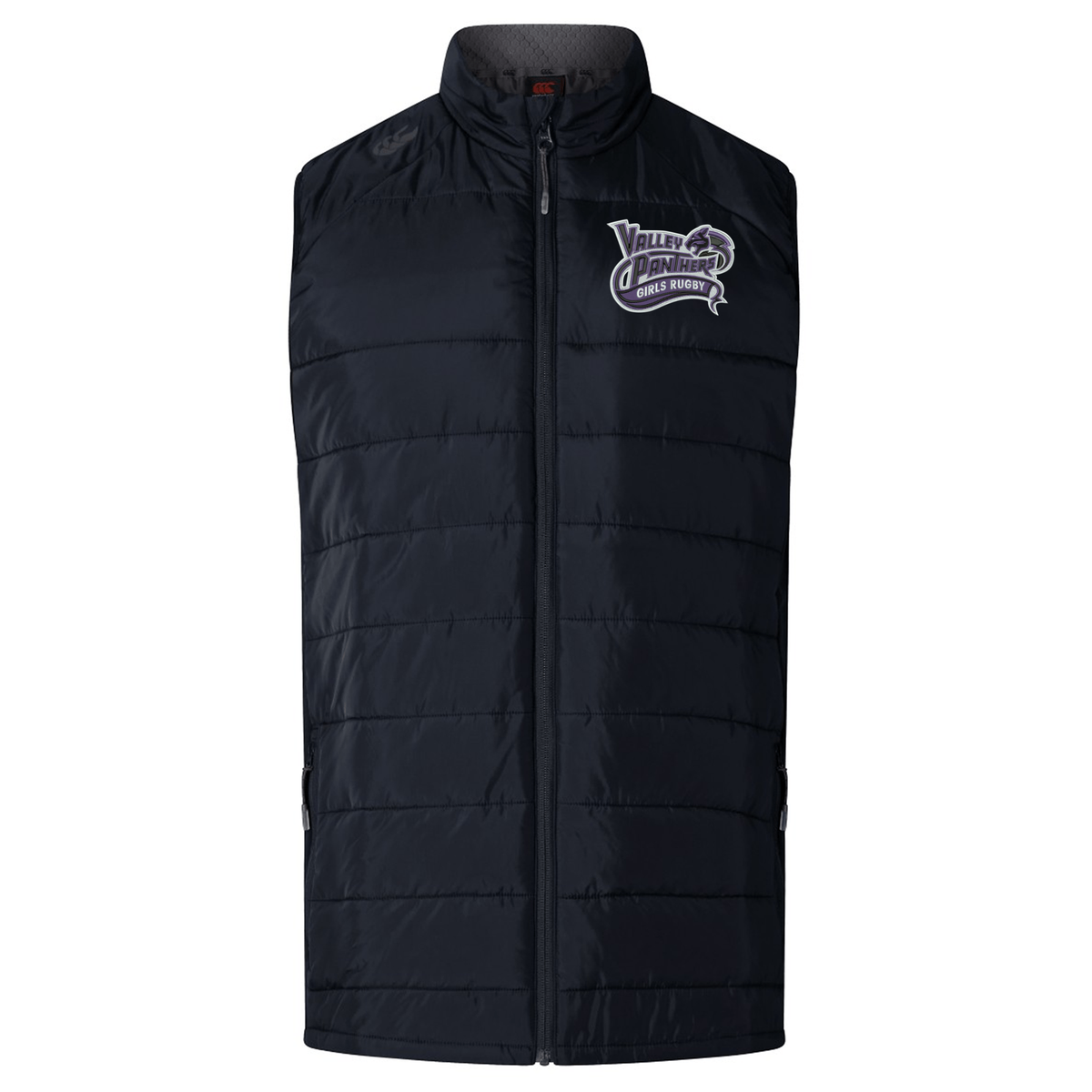 Introducing the Valley Panthers Girls Rugby Elite Microlite Gilet by Canterbury, a lightweight padded vest featuring a front zipper and “Valley Junior Grass Hockey” logo on the left chest. This insulated gilet by EMB Canterbury delivers comfort and warmth, making it perfect for everyday wear or team events.