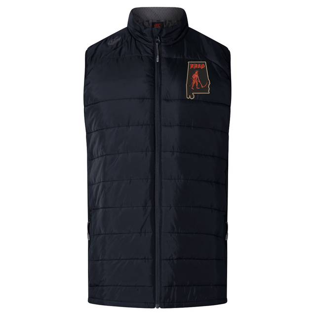 Black Aging Alabama Rugby Players Elite Microlite Gilet by Canterbury featuring an Alabama state outline logo with a mascot figure.
