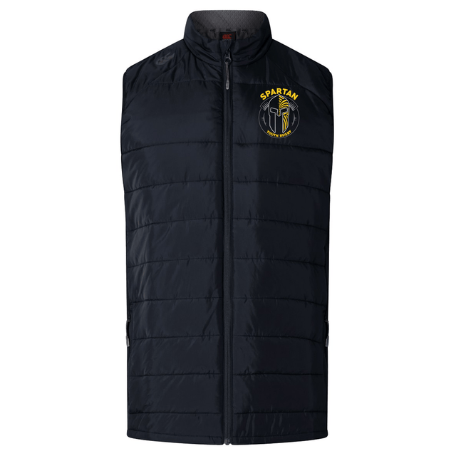 The Spartan Youth Rugby Elite Microlite Gilet by EMB Canterbury features a black quilted design, front zipper, and yellow Spartan helmet logo on the left chest. This lightweight padded vest offers comfort and style for any occasion.