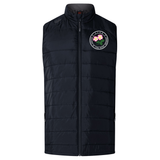 The Society of Iowa Rugby Referees Elite Microlite Gilet by EMB Canterbury is a lightweight, black quilted sleeveless vest with a front zipper, featuring a round embroidered patch with pink flowers and green leaves on the left chest.