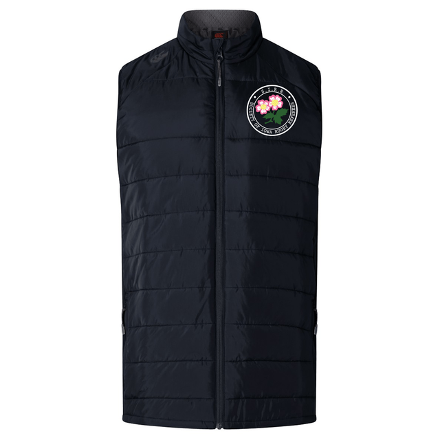 The Society of Iowa Rugby Referees Elite Microlite Gilet by EMB Canterbury is a lightweight, black quilted sleeveless vest with a front zipper, featuring a round embroidered patch with pink flowers and green leaves on the left chest.