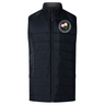 The Society of Iowa Rugby Referees Elite Microlite Gilet by EMB Canterbury is a lightweight, black quilted sleeveless vest with a front zipper, featuring a round embroidered patch with pink flowers and green leaves on the left chest.