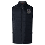 The Cypress Warriors Men's Rugby Elite Microlite Gilet by EMB Canterbury is a black, sleeveless padded vest with a front zipper and a purple, white, and black embroidered logo on the left chest—offering style and comfort.
