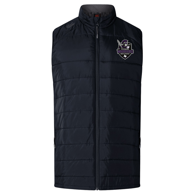 The Cypress Warriors Men's Rugby Elite Microlite Gilet by EMB Canterbury is a black, sleeveless padded vest with a front zipper and a purple, white, and black embroidered logo on the left chest—offering style and comfort.