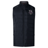 The Cypress Warriors Men's Rugby Elite Microlite Gilet by EMB Canterbury is a black, sleeveless padded vest with a front zipper and a purple, white, and black embroidered logo on the left chest—offering style and comfort.
