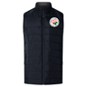Society of Iowa Rugby Referees Elite Microlite Gilet by Canterbury in black with quilted insulation, a front zipper, and a circular patch featuring a pink flower and green leaves on the left chest. Brand: EMB Canterbury.