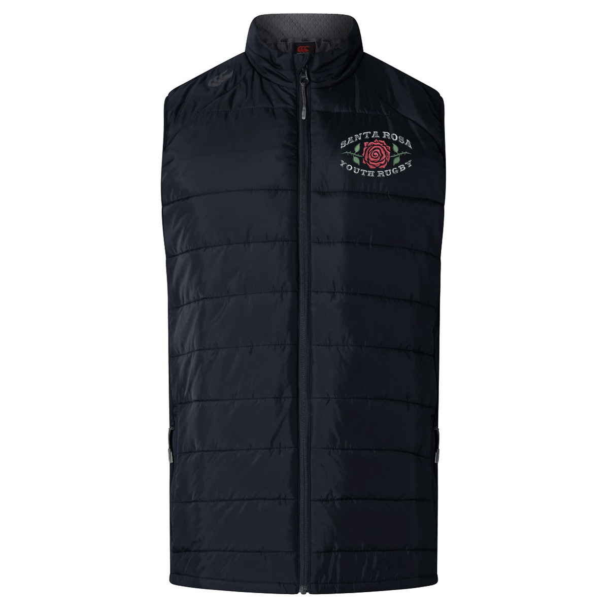 Introducing the Santa Rosa Youth Rugby Elite Microlite Gilet by Canterbury—a black, quilted lightweight padded vest featuring a front zipper and stand-up collar. The left chest is embroidered with the “Santa Rosa Youth Rugby” logo and a red rose. Created by EMB Canterbury, this insulated gilet delivers both comfort and style, ideal for cool weather on or off the field.