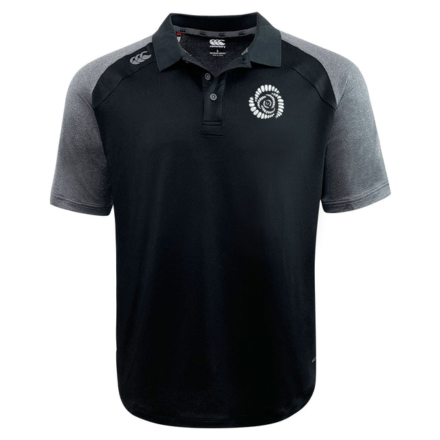 The Missoula All-Maggots Elite Polo by EMB Canterbury features black and gray short sleeves, a buttoned collar, a small white logo on the left chest, and "Canterbury" branding on the right shoulder. Crafted with Vapodri fabrics for lightweight comfort and style, this polo is ideal for everyday wear.