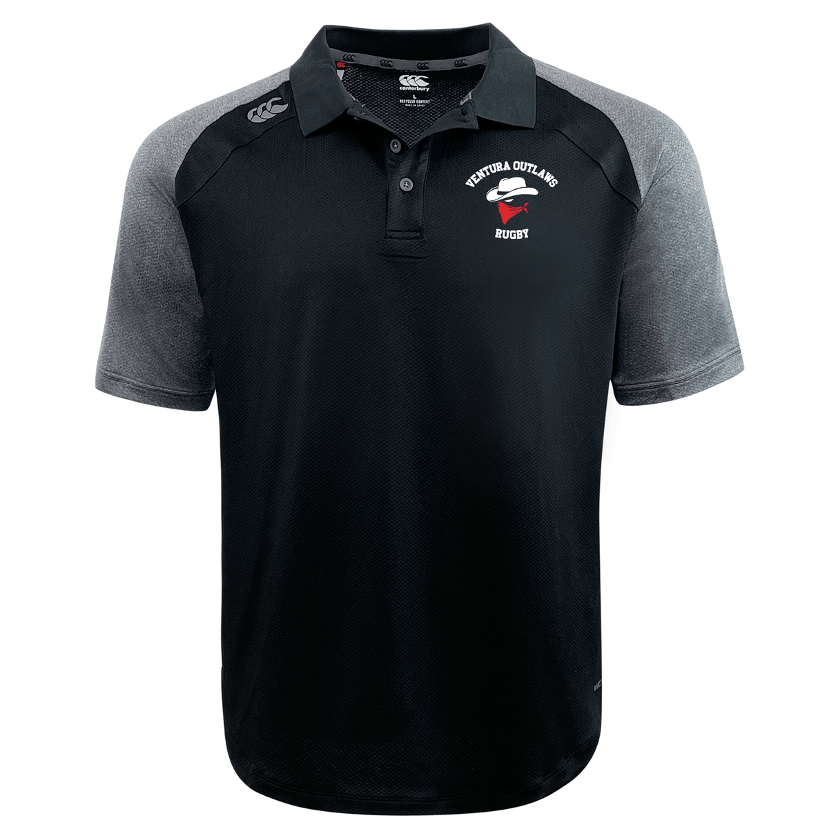 The Ventura Outlaws Rugby Elite Polo by Canterbury, offered by EMB Canterbury, is a black and gray short-sleeve rugby polo shirt featuring a collar and three buttons. This lightweight polo is crafted with Vapodri fabrics for moisture-wicking comfort and displays the "Ventura Outlaws Rugby" logo and text on the left chest.