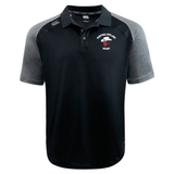 The Ventura Outlaws Rugby Elite Polo by Canterbury, offered by EMB Canterbury, is a black and gray short-sleeve rugby polo shirt featuring a collar and three buttons. This lightweight polo is crafted with Vapodri fabrics for moisture-wicking comfort and displays the "Ventura Outlaws Rugby" logo and text on the left chest.