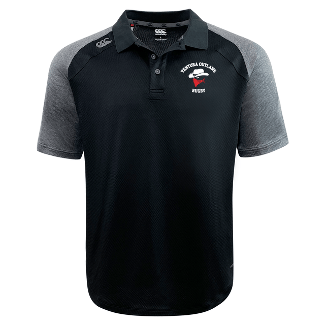 The Ventura Outlaws Rugby Elite Polo by Canterbury, offered by EMB Canterbury, is a black and gray short-sleeve rugby polo shirt featuring a collar and three buttons. This lightweight polo is crafted with Vapodri fabrics for moisture-wicking comfort and displays the "Ventura Outlaws Rugby" logo and text on the left chest.