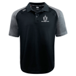 Introducing the Highlanders Rugby NC Elite Polo by EMB Canterbury, a stylish black and gray short-sleeve rugby shirt featuring a logo on the chest. Made from lightweight and durable Vapodri fabrics, this polo ensures comfort and performance both on and off the field.