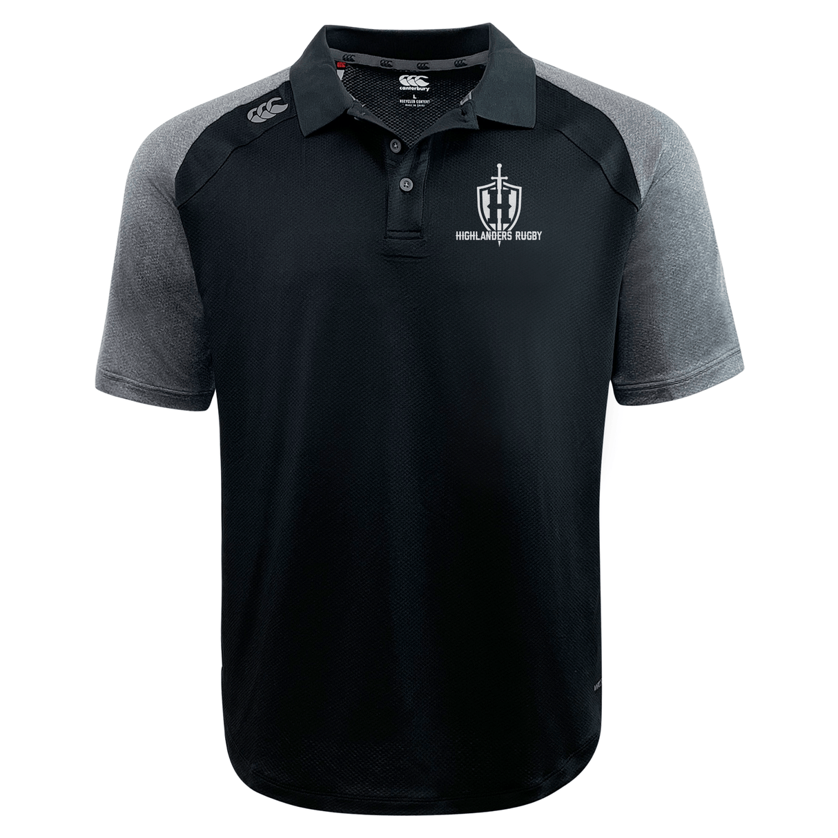 Introducing the Highlanders Rugby NC Elite Polo by EMB Canterbury, a stylish black and gray short-sleeve rugby shirt featuring a logo on the chest. Made from lightweight and durable Vapodri fabrics, this polo ensures comfort and performance both on and off the field.