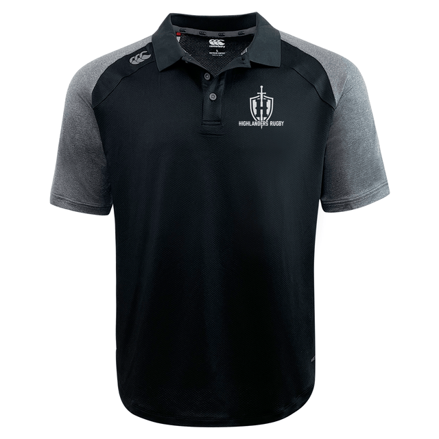 Introducing the Highlanders Rugby NC Elite Polo by EMB Canterbury, a stylish black and gray short-sleeve rugby shirt featuring a logo on the chest. Made from lightweight and durable Vapodri fabrics, this polo ensures comfort and performance both on and off the field.