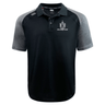 Introducing the Highlanders Rugby NC Elite Polo by EMB Canterbury, a stylish black and gray short-sleeve rugby shirt featuring a logo on the chest. Made from lightweight and durable Vapodri fabrics, this polo ensures comfort and performance both on and off the field.