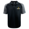The Chicago Riot Elite Polo by EMB Canterbury features a black and gray design, "Chicago Riot Rugby" left chest logo, and is made from lightweight, durable Vapodri fabric for comfort and performance.