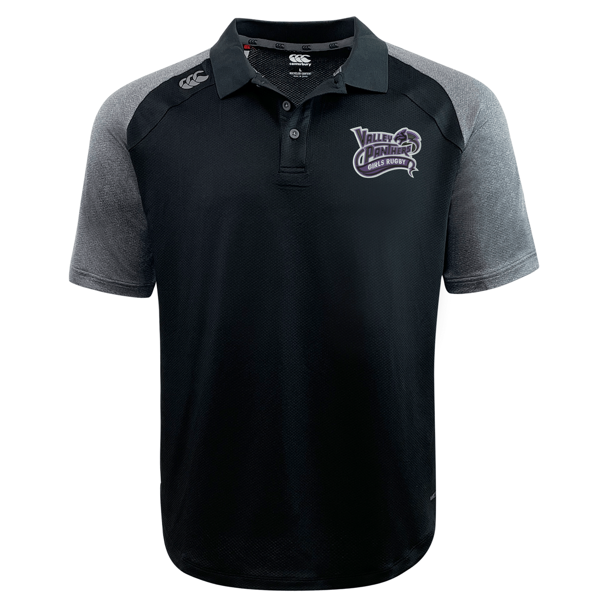 Valley Panthers Girls Rugby Elite Polo by Canterbury in black and gray, featuring a “Valley Almonds” logo on the left chest and a small white EMB Canterbury logo on the right shoulder. Made with lightweight, durable Vapodri fabric for optimal comfort and performance.