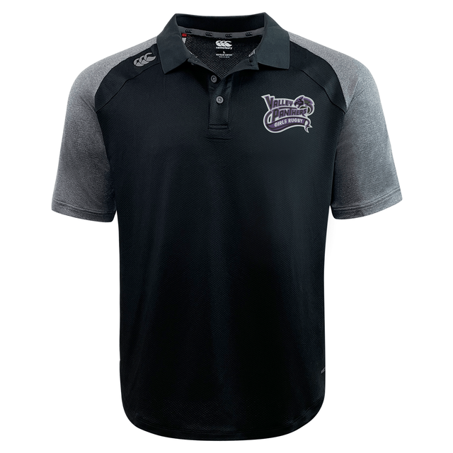 Valley Panthers Girls Rugby Elite Polo by Canterbury in black and gray, featuring a “Valley Almonds” logo on the left chest and a small white EMB Canterbury logo on the right shoulder. Made with lightweight, durable Vapodri fabric for optimal comfort and performance.