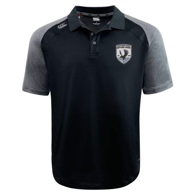 Introducing the South Orange County Raptors Elite Polo by EMB Canterbury—a black and gray short-sleeve polo shirt expertly crafted from Vapodri fabrics for enhanced breathability. This lightweight polo features a bird-themed embroidered Raptors patch on the left chest and a subtle EMB Canterbury logo near the right shoulder. Combining superior comfort and style, it’s ideal for everyday wear.