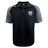 Introducing the South Orange County Raptors Elite Polo by EMB Canterbury—a black and gray short-sleeve polo shirt expertly crafted from Vapodri fabrics for enhanced breathability. This lightweight polo features a bird-themed embroidered Raptors patch on the left chest and a subtle EMB Canterbury logo near the right shoulder. Combining superior comfort and style, it’s ideal for everyday wear.