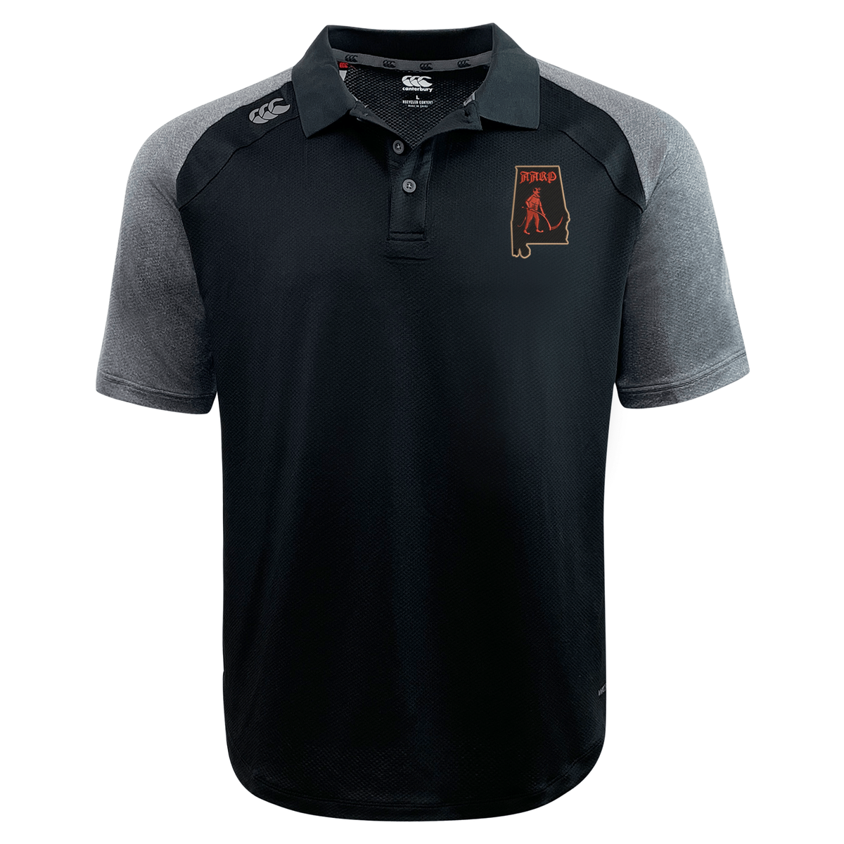 Aging Alabama Rugby Players Elite Polo by Canterbury featuring an Alabama state outline logo with a hockey player and the text “M&P.”.