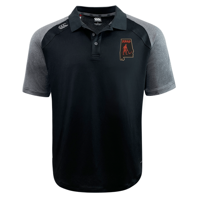 Aging Alabama Rugby Players Elite Polo by Canterbury featuring an Alabama state outline logo with a hockey player and the text “M&P.”.