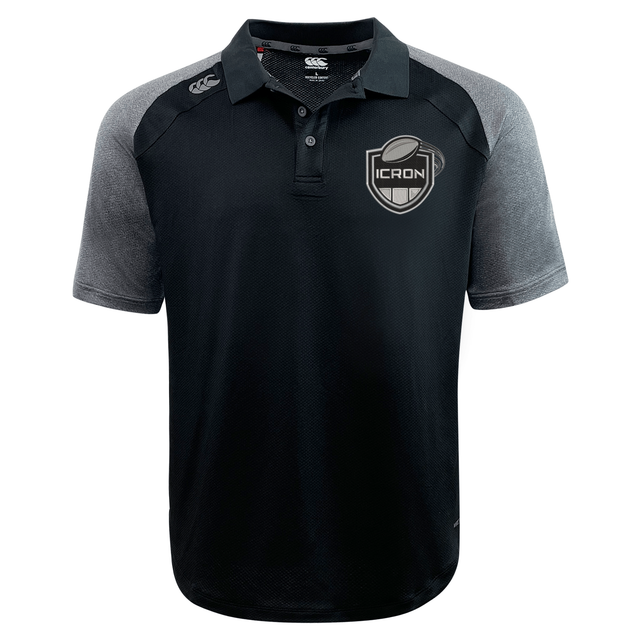 Black and grey ICRON Elite Polo by Canterbury with a button placket and a team logo featuring a rugby ball on the chest.