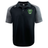 Rock Rugby Elite Polo by Canterbury in black with grey short sleeves, a buttoned collar, and a green Rock Rugby Lions logo on the chest.