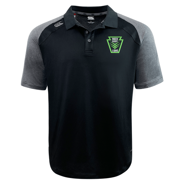 Rock Rugby Elite Polo by Canterbury in black with grey short sleeves, a buttoned collar, and a green Rock Rugby Lions logo on the chest.