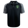Rock Rugby Elite Polo by Canterbury in black with grey short sleeves, a buttoned collar, and a green Rock Rugby Lions logo on the chest.