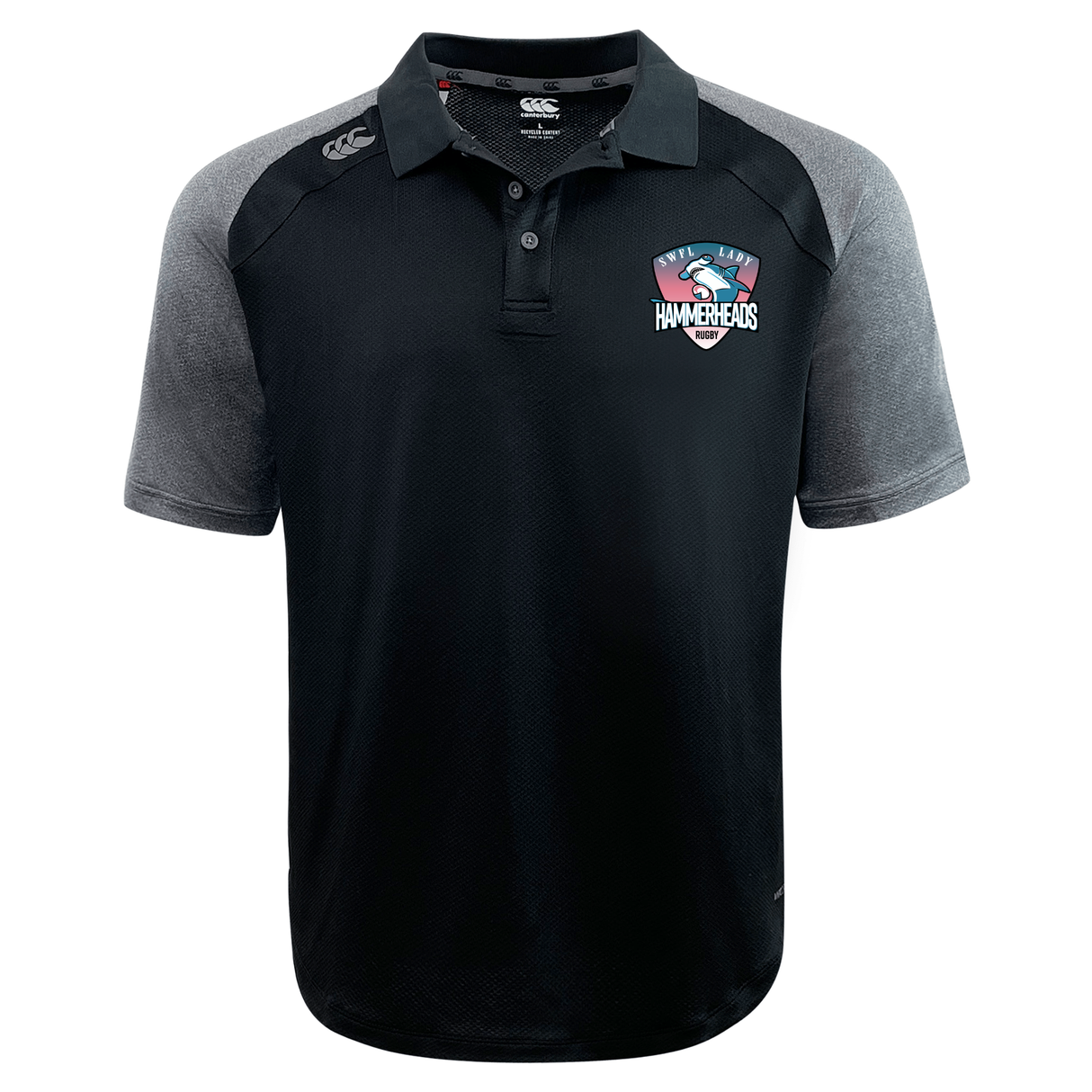 The SWFL Lady Hammerheads Elite Polo by WRS Canterbury is a black and gray short-sleeve shirt featuring the "Hammerheads" logo on the chest, "CCC" on the shoulder, and Vapodri fabric for superior moisture wicking and comfort.