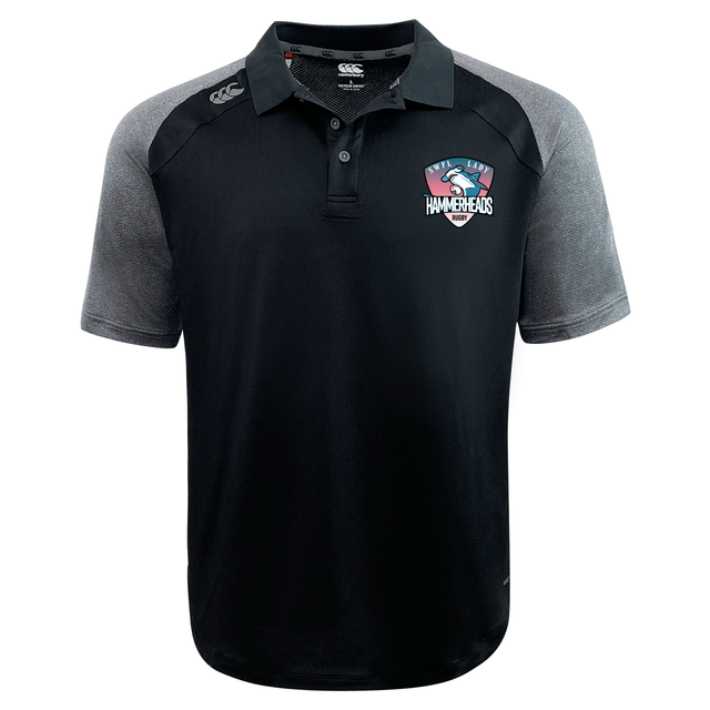 The SWFL Lady Hammerheads Elite Polo by WRS Canterbury is a black and gray short-sleeve shirt featuring the "Hammerheads" logo on the chest, "CCC" on the shoulder, and Vapodri fabric for superior moisture wicking and comfort.