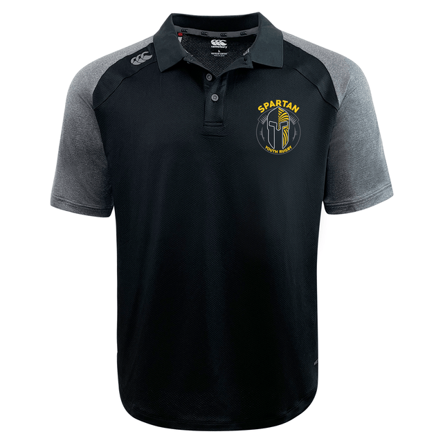 The Spartan Youth Rugby Elite Polo by EMB Canterbury features lightweight Vapodri fabric, a "Spartan Football" logo on the left chest, and Canterbury branding on the right chest and left shoulder. Black and gray color scheme.