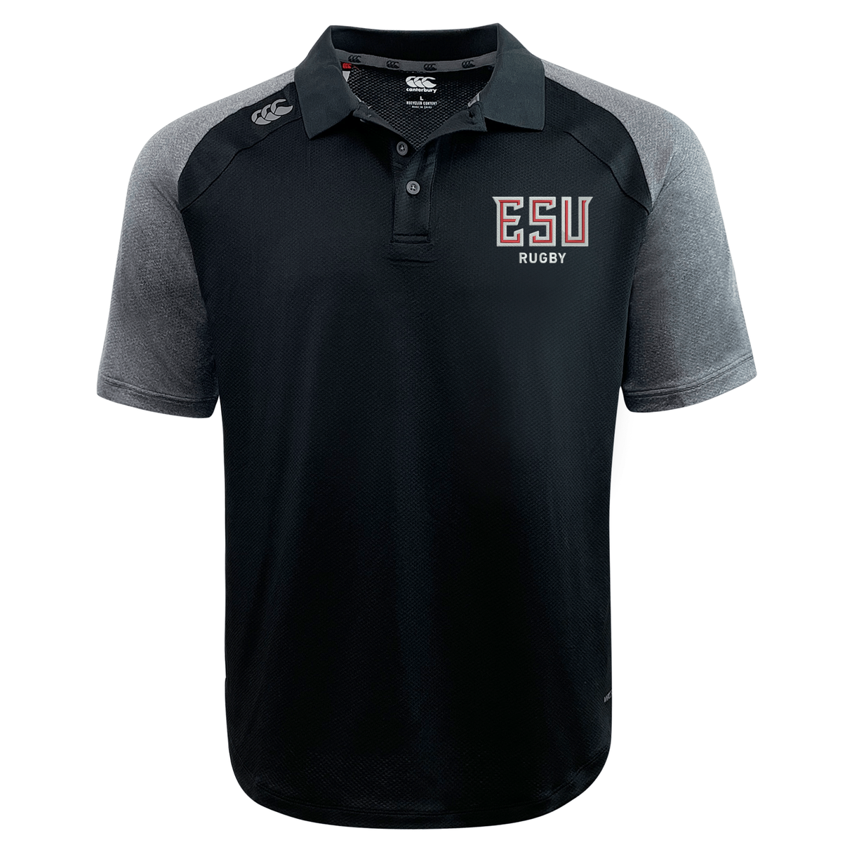 The East Stroudsburg University Elite Polo by EMB Canterbury features lightweight, durable Vapodri fabric, a black and gray design, the "ESU Rugby" logo on the left chest, and the "CCC" logo on the right shoulder.