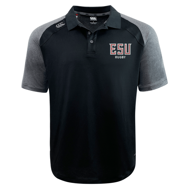 The East Stroudsburg University Elite Polo by EMB Canterbury features lightweight, durable Vapodri fabric, a black and gray design, the "ESU Rugby" logo on the left chest, and the "CCC" logo on the right shoulder.