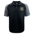 The Winchester Cannons Elite Polo by EMB Canterbury is a black and gray short-sleeve shirt with a crest and ribbon emblem on the left chest, Canterbury logo on the right shoulder, and lightweight Vapodri fabric for comfort.