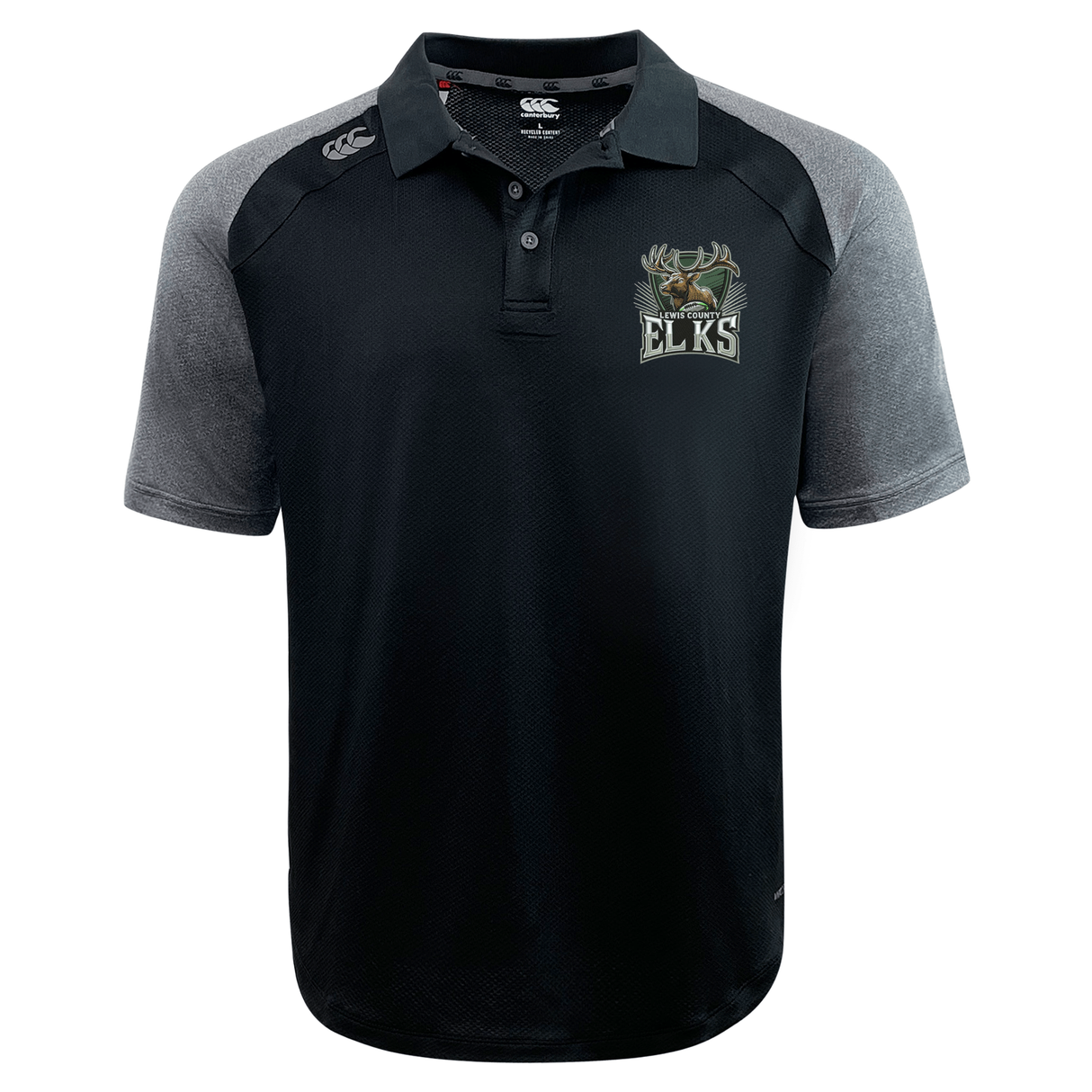 Lewis County Elks Elite Polo by EMB Canterbury—this black and gray short-sleeve shirt features an “ELKS” moose head logo on the left chest, constructed from Vapodri fabric for outstanding moisture wicking, with a button collar and EMB Canterbury logos on the shoulders.