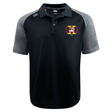 Potomac Exiles Rugby Club Elite Polo by EMB Canterbury, featuring black and gray short sleeves, a multicolored "H" emblem with "2014" on the left chest, and crafted from lightweight, durable Vapodri fabrics. Displayed against a plain white background.