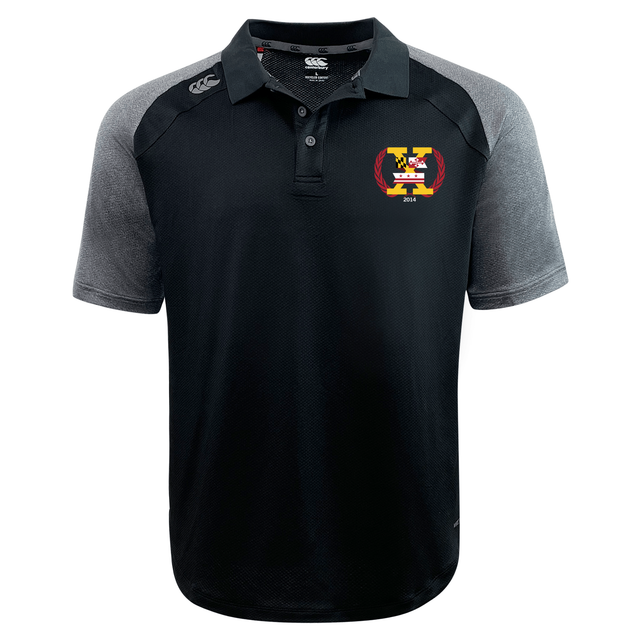 Potomac Exiles Rugby Club Elite Polo by EMB Canterbury, featuring black and gray short sleeves, a multicolored "H" emblem with "2014" on the left chest, and crafted from lightweight, durable Vapodri fabrics. Displayed against a plain white background.