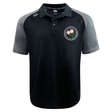 The Society of Iowa Rugby Referees Elite Polo by EMB Canterbury is a black and gray short-sleeve shirt crafted with Vapodri fabrics for lightweight durability. It features a floral emblem on the left chest and a small Canterbury logo on the right shoulder, shown against a white background.