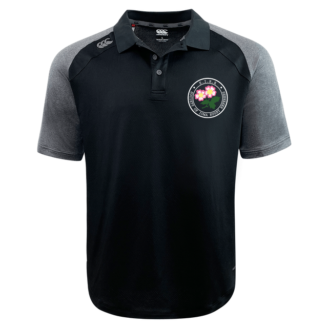 The Society of Iowa Rugby Referees Elite Polo by EMB Canterbury is a black and gray short-sleeve shirt crafted with Vapodri fabrics for lightweight durability. It features a floral emblem on the left chest and a small Canterbury logo on the right shoulder, shown against a white background.