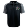 The Society of Iowa Rugby Referees Elite Polo by EMB Canterbury is a black and gray short-sleeve shirt crafted with Vapodri fabrics for lightweight durability. It features a floral emblem on the left chest and a small Canterbury logo on the right shoulder, shown against a white background.