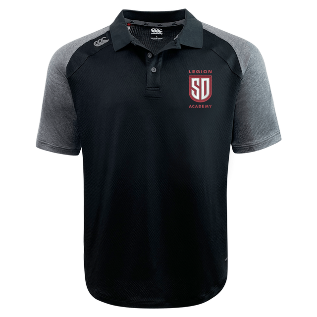 Legion Academy Elite Polo by Canterbury in black with grey raglan sleeves and a red and white “Legion Academy SD” logo on the chest.