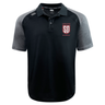 Legion Academy Elite Polo by Canterbury in black with grey raglan sleeves and a red and white “Legion Academy SD” logo on the chest.