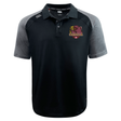 The Godzilla Rugby Football Club Elite Polo by EMB Canterbury features black and gray short sleeves, is crafted with advanced Vapodri moisture-wicking fabric, showcases a “Godzilla” logo and palm tree graphic on the left chest, and is finished with a small brand logo on the right shoulder.