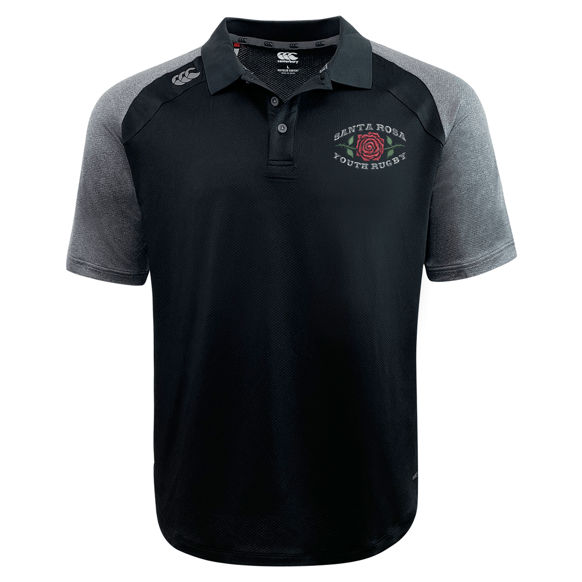 Black and gray short-sleeve Santa Rosa Youth Rugby Elite Polo by Canterbury featuring “Santa Rosa Youth Rugby” and a red rose logo on the left chest. Crafted by EMB Canterbury with Vapodri fabric, this custom-made polo ensures comfort and performance both on and off the field.