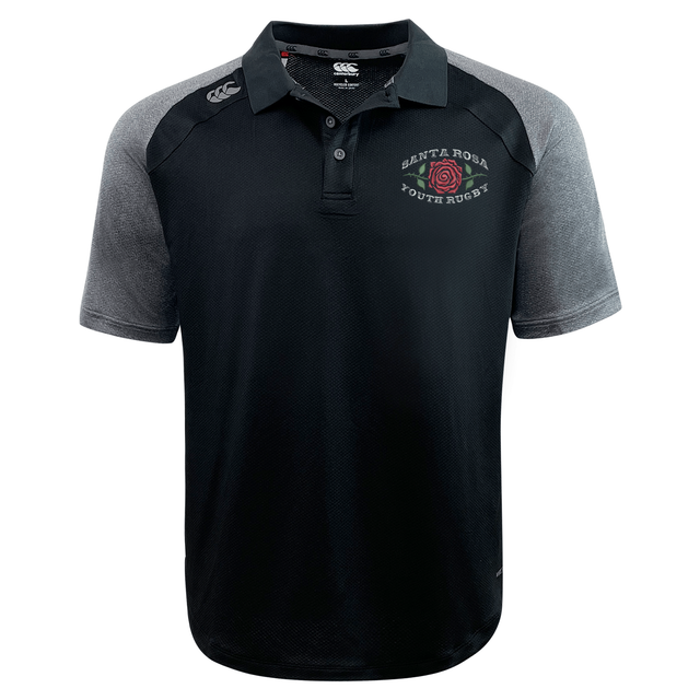 Black and gray short-sleeve Santa Rosa Youth Rugby Elite Polo by Canterbury featuring “Santa Rosa Youth Rugby” and a red rose logo on the left chest. Crafted by EMB Canterbury with Vapodri fabric, this custom-made polo ensures comfort and performance both on and off the field.