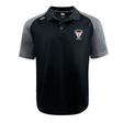 The Superior Rugby Club Elite Polo by EMB Canterbury is a black and grey short-sleeve rugby shirt with moisture-wicking Vapodri fabric, "Superior Rugby" logo on the left chest, and Canterbury logo on the right shoulder.